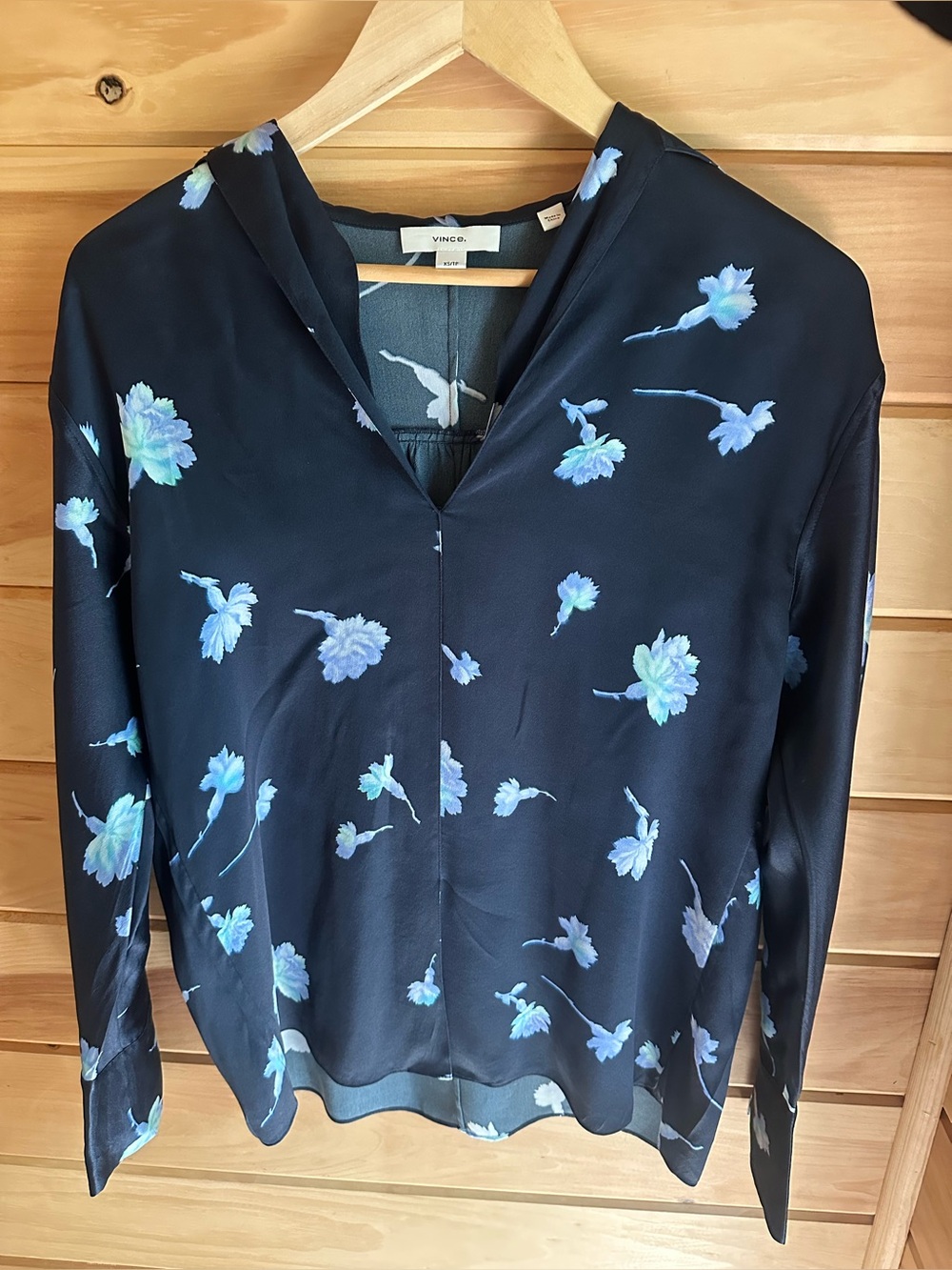 Vince Navy Floral Silk V-Neck Top
